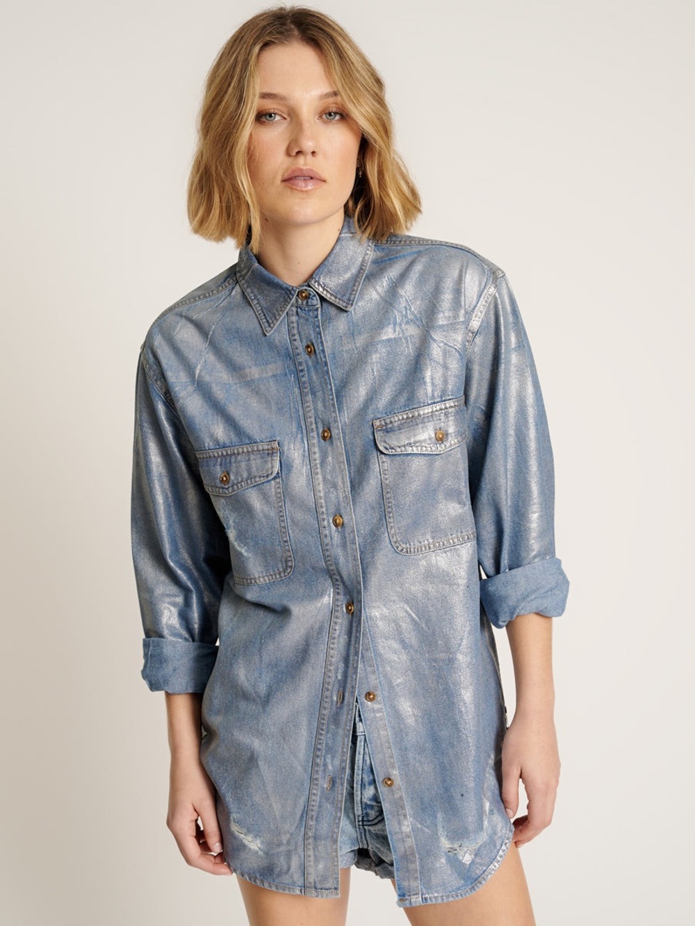 One Teaspoon Blue Future Metallic Everyday Denim Shirt XS Distressed Oversized